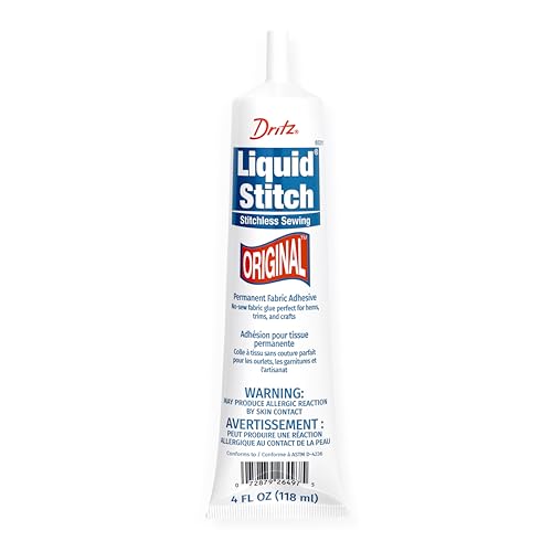 Dritz Original Liquid Stitch Fabric Glue, 4 oz (118 ml) - Permanent No-Sew Adhesive for Clothing Repairs, Hems, Patches & Crafts, Flexible Washable Glue for Clothing and Fabric